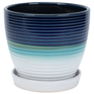 Ribbed Tri-Color Ceramic Planter with Saucer – Blue Green White