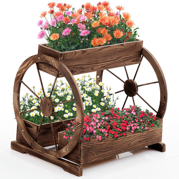Rustic Stationary Wagon Planter - Vintage Wood Garden Box for Patio & Balcony
