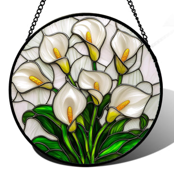 Elegant White Calla Lily Stained Glass Suncatcher – Handmade 7.8" Floral Window Hanging