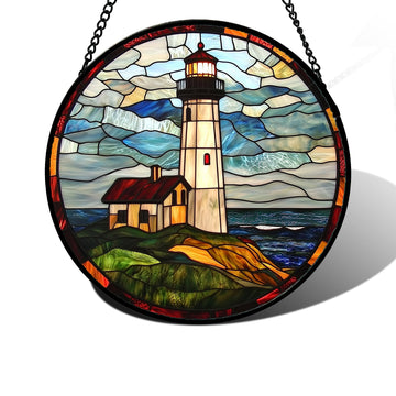 Ocean Lighthouse Stained Glass Sun Catcher – Blue Green Coastal Hanging Decor