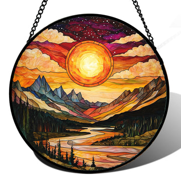 Dusk Lakes & Mountains Stained Glass Suncatcher – Handmade 7.8" Sunset Landscape Window Hanging