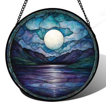 Blue Night Moon Lake Stained Glass Suncatcher – Handmade 7.8" Landscape Window Hanging Decor