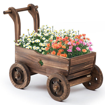 Mobile Wooden Wagon Planter - Rolling Garden Cart with Handle & Wheels