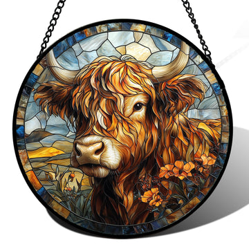 Whimsical Cow & Flower Stained Glass Suncatcher – Handmade 7.8" Window Hanging Gift