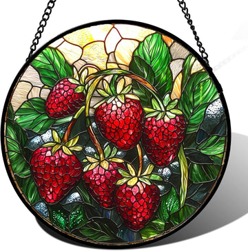 Stained Glass Suncatcher – Red Strawberry Green Leaf Sun Catcher