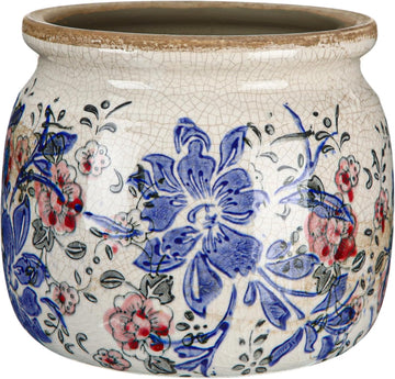 Vintage Planter Large Ceramic Plant Pot – Blue Red Peony Ice Crack Cottage Scroll Vase