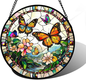 Butterflies Flying in the Sky Stained Glass Suncatcher – Handmade 7.8" Floral Window Hanging Decor