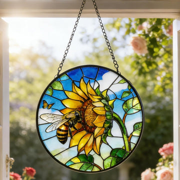 Sunflower Flower & Bees on a Branch Stained Glass Suncatcher – Handmade 7.8" Window Hanging Decor