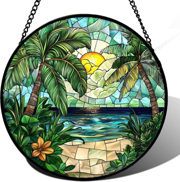Green Beach Scenery Stained Glass Suncatcher – Handmade 7.8" Coastal Window Hanging Decor