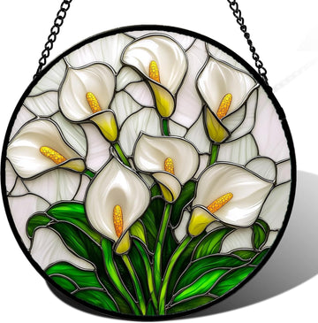White Calla Lily Stained Glass Suncatcher – Handmade 7.8" Floral Window Hanging Decor