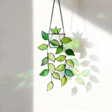 Stained Glass Leaf Hanging with Metal Chain – Green Window Decoration