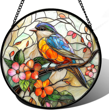 Blue Bird Pink Flower Stained Glass Suncatcher – Handmade 6.3" Bird Sun Catcher Decor
