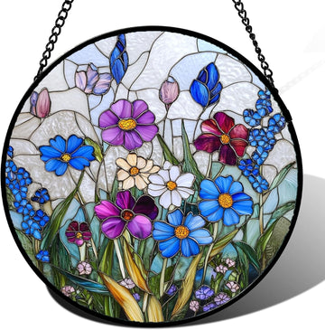 Stained Glass Window Hanging – Blue Purple Wildflowers Sun Catcher