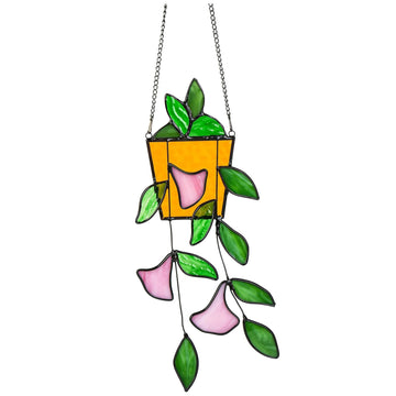 Plant Stained Glass Window Hanging – Green Leaf Morning Glory Stained Glass Suncatcher