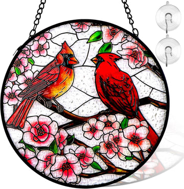 Cardinal Stained Glass Suncatcher – Handmade 6" Floral Bird Window Hanging Decor