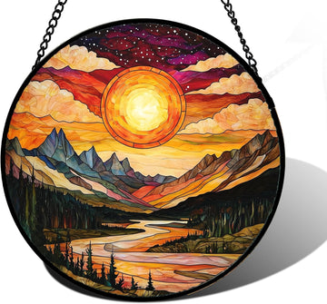 Dusk Sunset Landscape Stained Glass Suncatcher – Handmade 7.8" Lakes & Mountains Window Hanging Decor