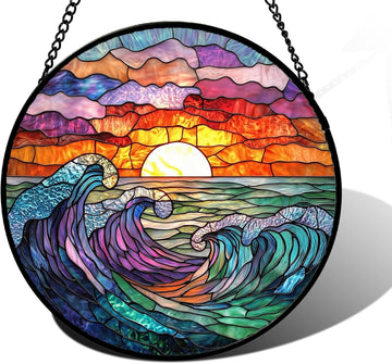 Clouds and Sea Waves Stained Glass Suncatcher – Handmade 7.8" Coastal Window Hanging Decor