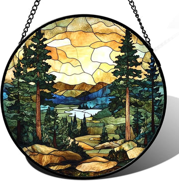 Forest Lake Mountain Sunset Stained Glass Suncatcher – Handmade 7.8" Landscape Window Hanging Decor