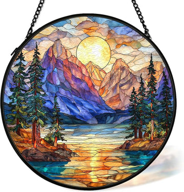 Mountain Forest Sunrise Stained Glass Suncatcher – Handmade 7.9" Camping Nature Landscape Window Hanging Decor