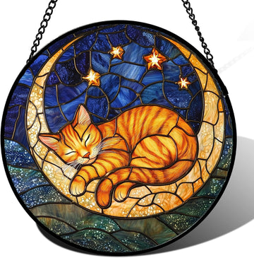 Orange Moon Sleeping Cat Stained Glass Suncatcher – Handmade 6.3" Blue Starry Sky Cat Sun Catcher