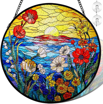 Wildflowers Sunrise Stained Glass Suncatcher – Handmade 8" Floral Window Hanging Decor