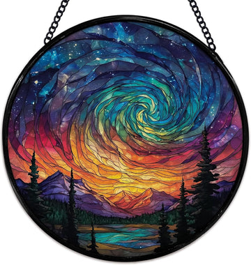 Northern Lights Stained Glass Suncatcher – Handmade 7.9" Aurora Borealis Forest Mountain Window Hanging Decor