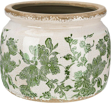 4.7" Small Ceramic Plant Pot – Beige Green Vintage Floral Crackle Glaze Rustic Flowers Pot