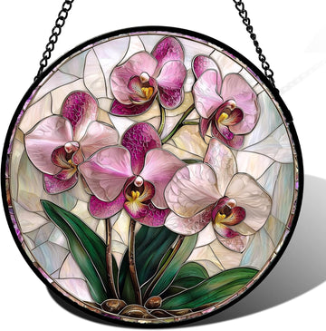 Stained Glass Window Hanging – Pink Purple Phalaenopsis Flowers Sun Catcher