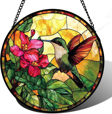 Hummingbird Red Flowers Stained Glass Suncatcher – Handmade 7.8" Floral Window Hanging Decor
