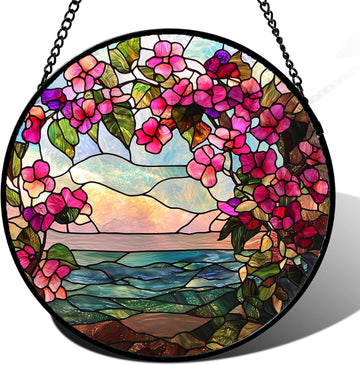 Stained Glass Window Hanging – Purple Flower Landscape Wreath Sun Catcher