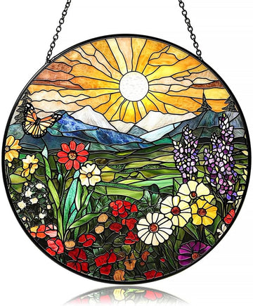 Mountain Wildflowers Stained Glass Suncatcher – Handmade 7.9" Floral Window Hanging Decor
