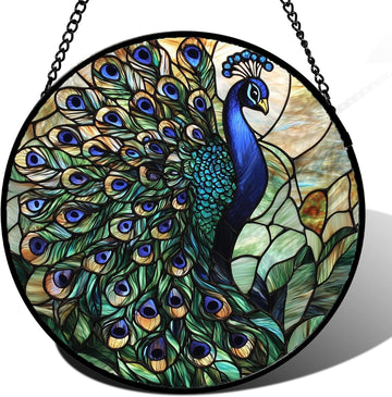 Turquoise Peacock Stained Glass Suncatcher – Handmade 6.3" Blue Green Peacock Sun Catcher