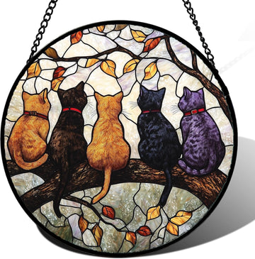 Five Cats on a Branch Stained Glass Suncatcher – Handmade 7.8" Feline Window Hanging Decor
