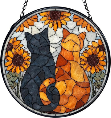 Cat Sunflower Stained Glass Window Hanging – Black Orange Cat & Sunflower Suncatcher