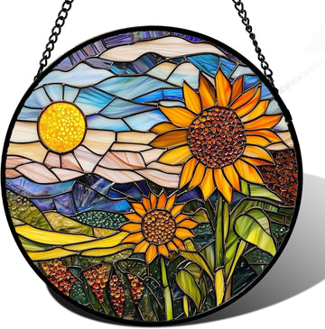 Sunflower Flowers Landscape Sun Catcher – Plant Mountains Stain Glass Window Hanging Decoration