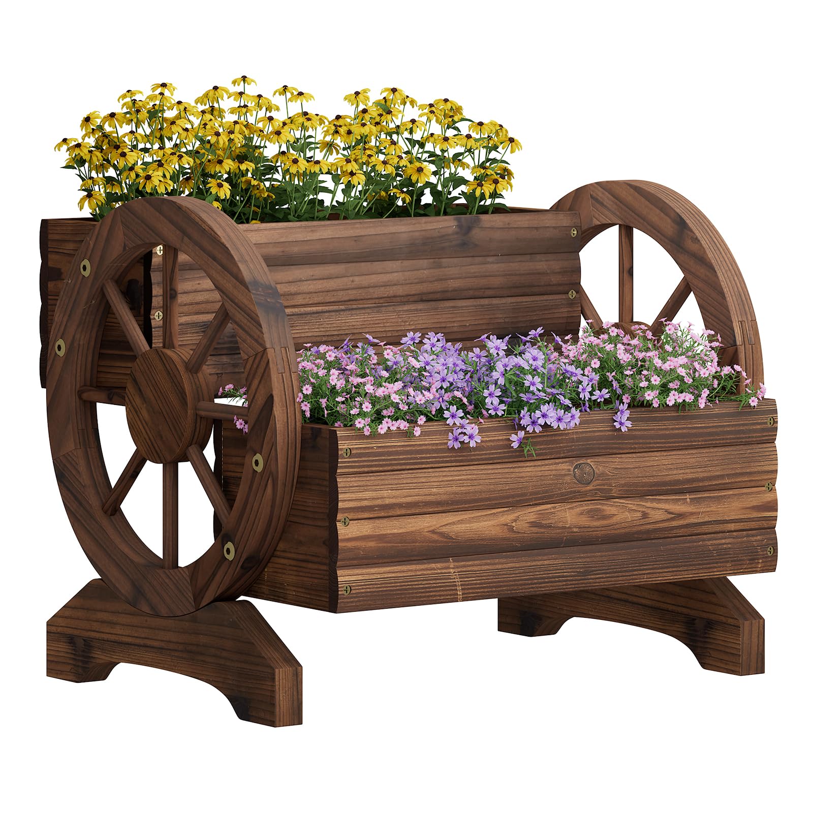 Wooden Wagon Planter with Wheels - Mobile Garden Cart for Patio & Balcony