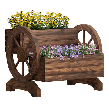 Wooden Wagon Planter with Wheels - Mobile Garden Cart for Patio & Balcony