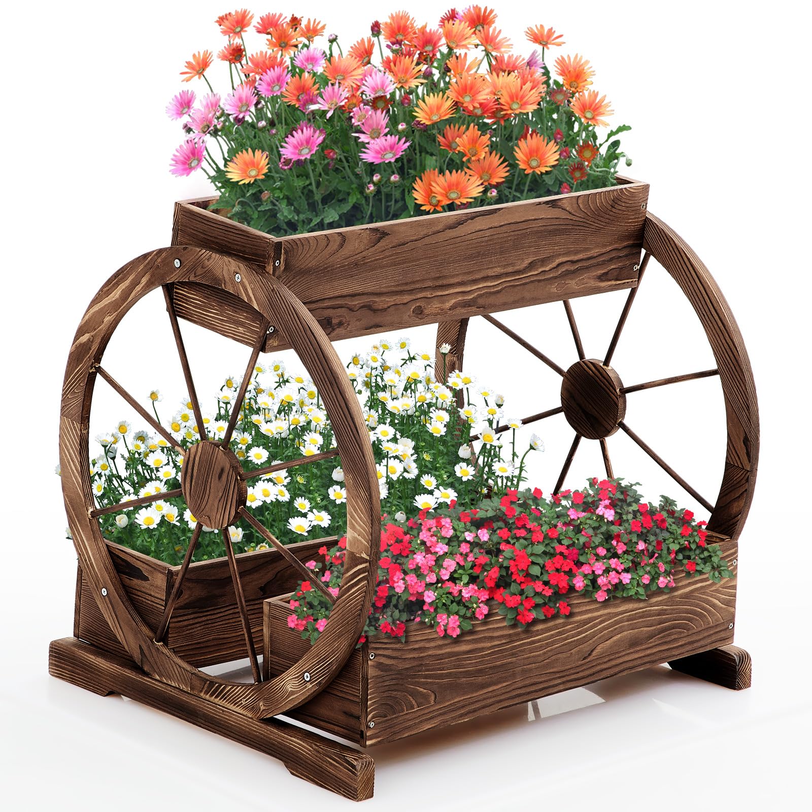 Rustic Stationary Wagon Planter - Vintage Wood Garden Box for Patio & Balcony