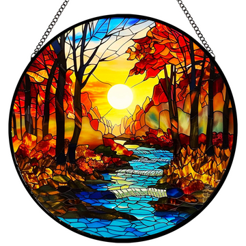 Sunrise Tree & River Stained Glass Suncatcher – Handmade 8" Landscape Window Hanging for Nature Lovers