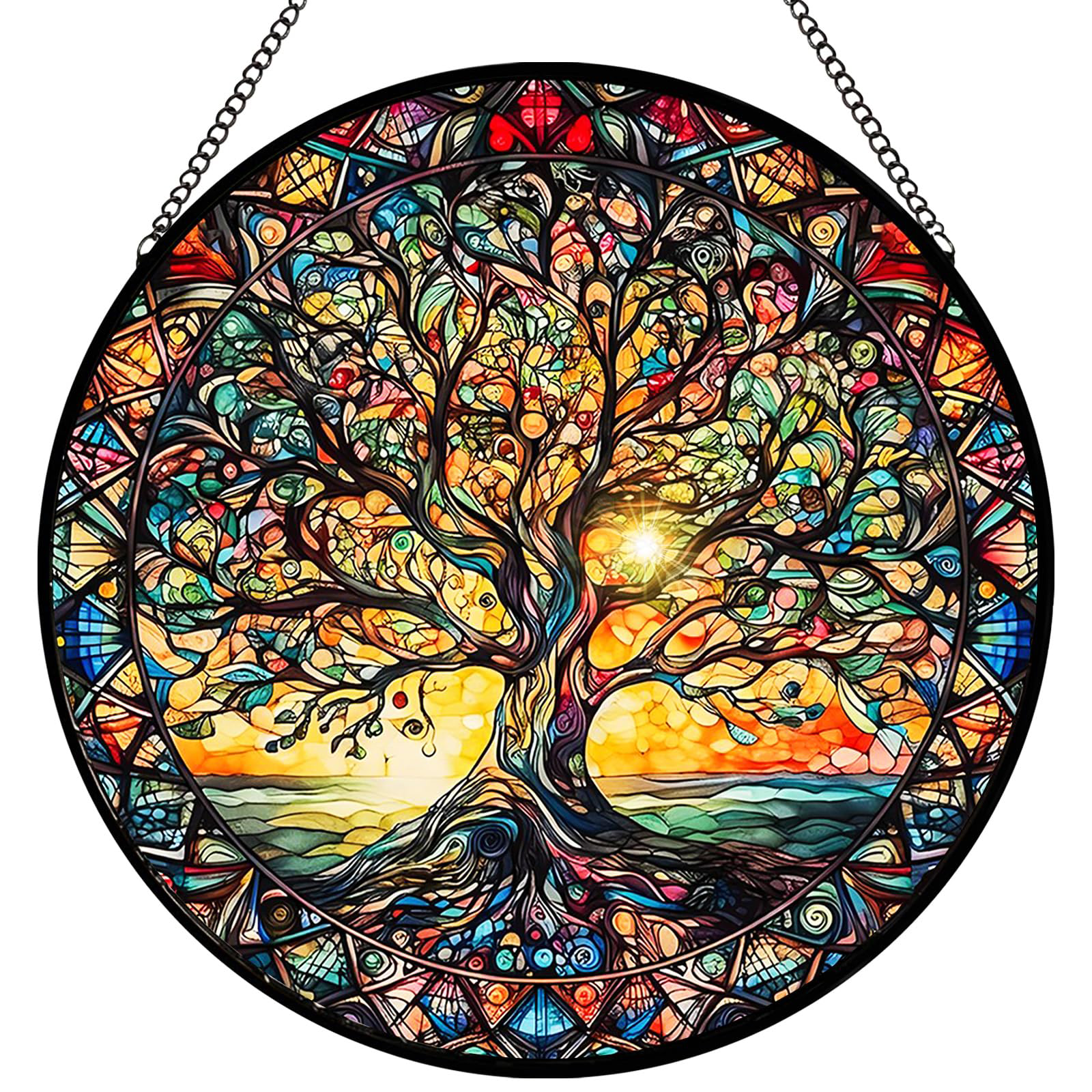 Tree of Life Stained Glass Suncatcher – Handmade 8" Window Hanging for Home & Garden