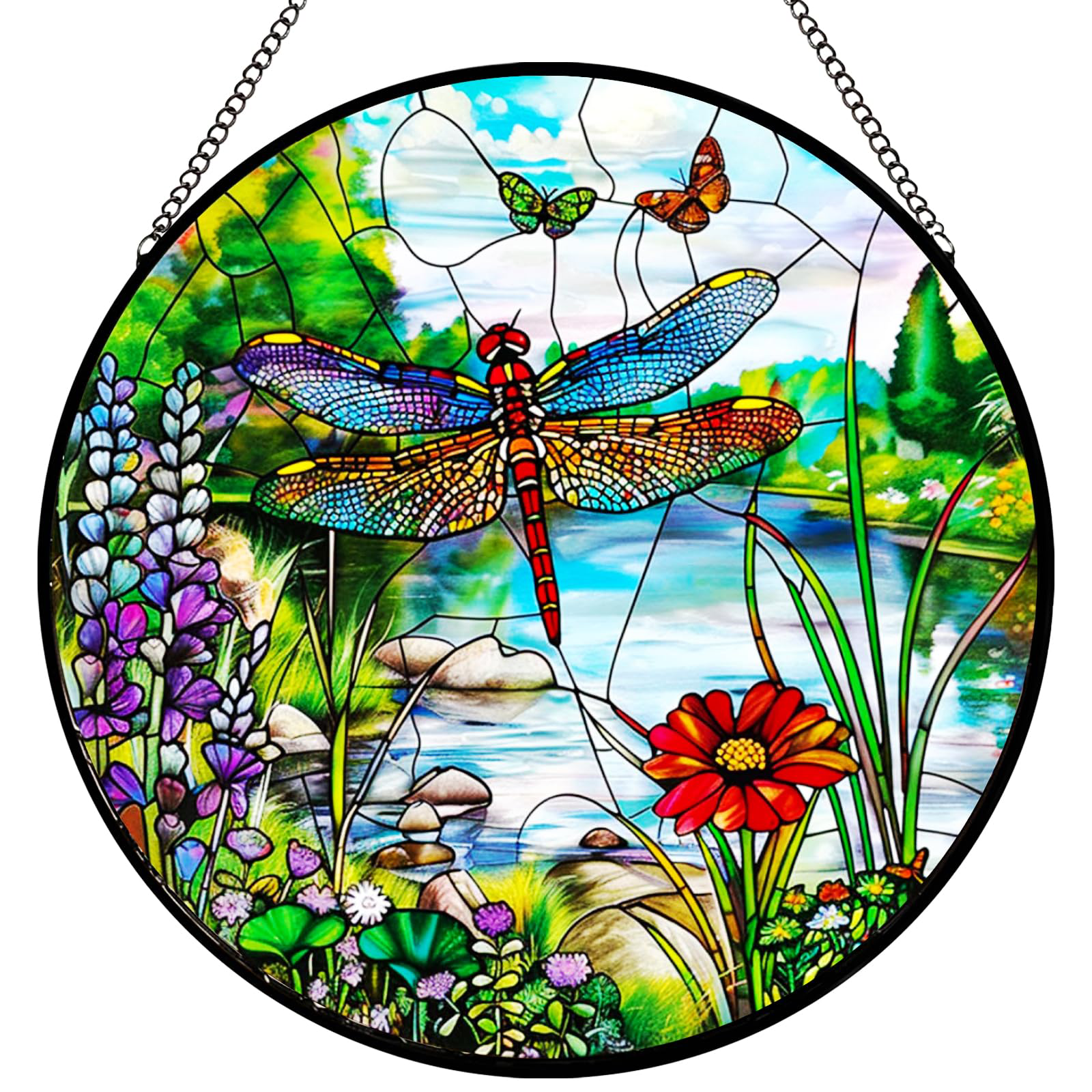Dragonfly Stained Glass Sun Catcher – Handmade 8" Window Hanging for Home & Garden