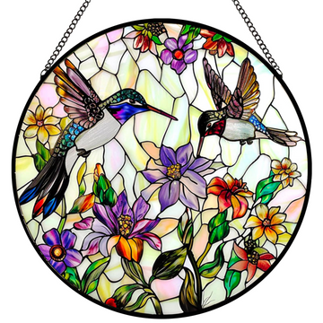 Hummingbird & Wildflower Stained Glass Sun Catcher – Handmade 8" Window Hanging