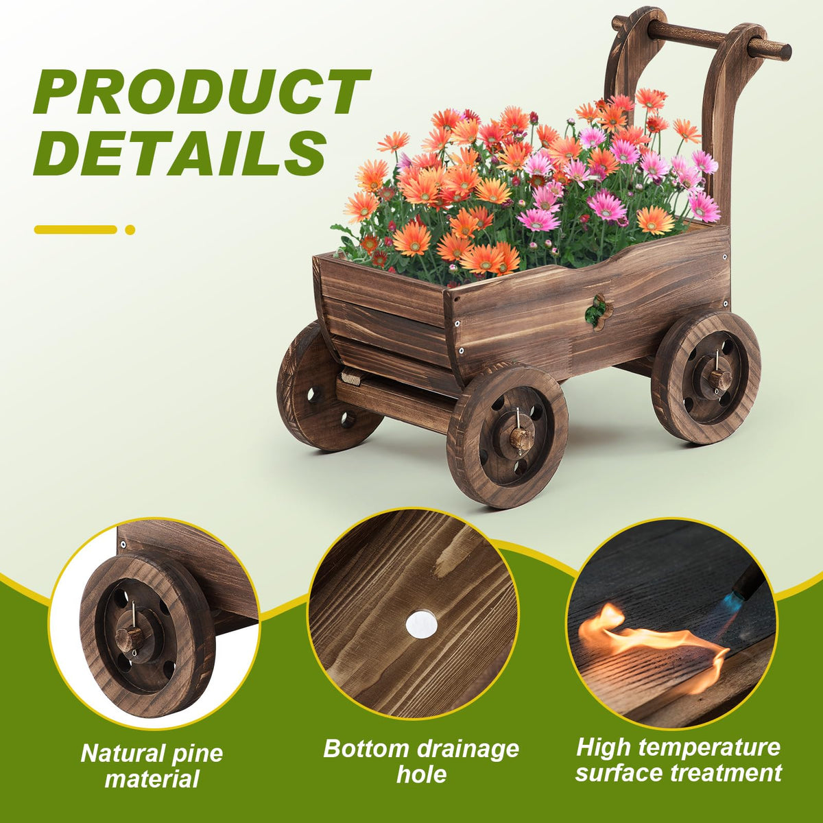 Mobile Wooden Wagon Planter - Rolling Garden Cart with Handle & Wheels