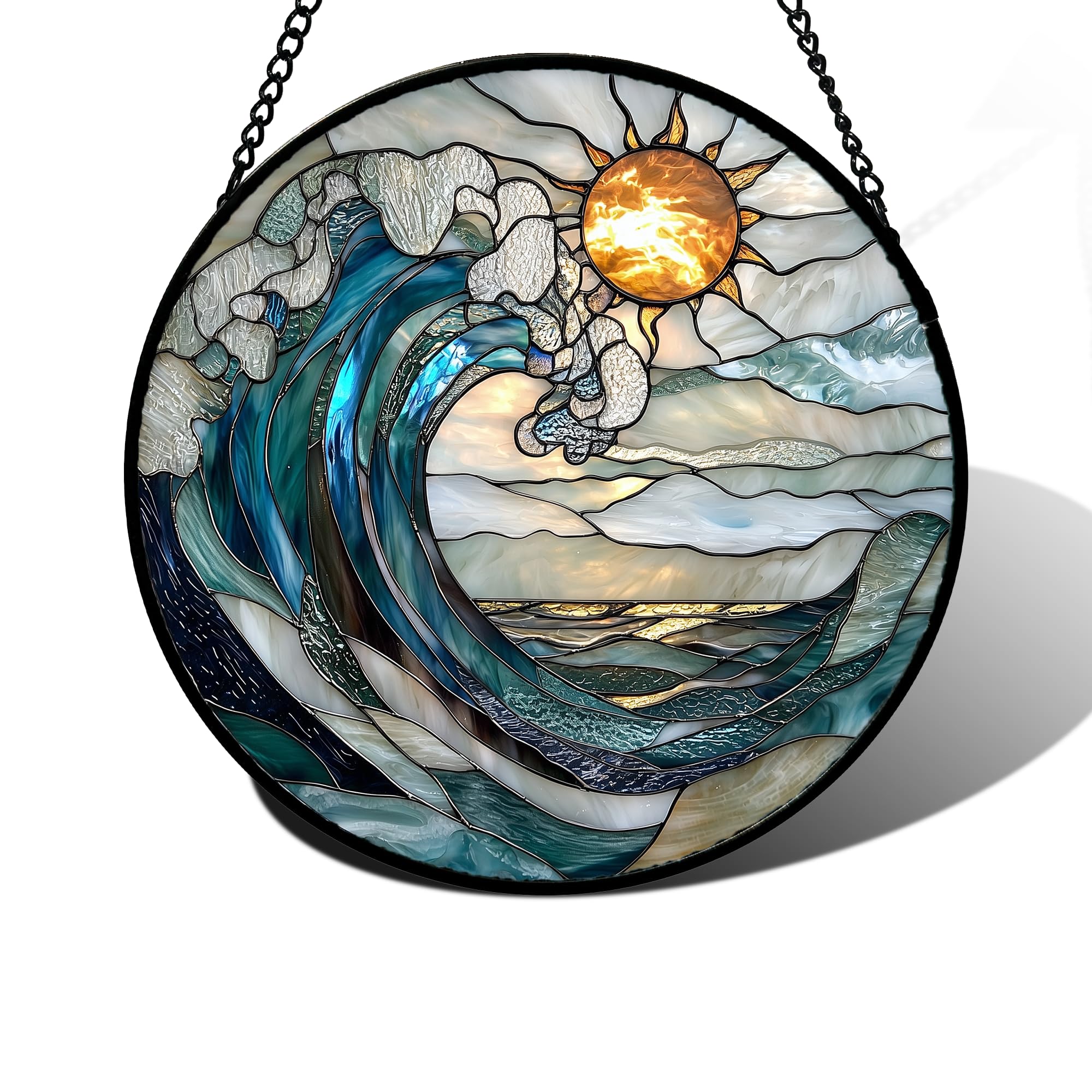 Blue and White Wave Stained Glass Sun Catcher – Coastal Landscape Window Hanging Decor