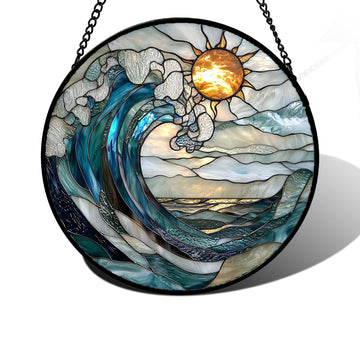 Blue and White Wave Stained Glass Sun Catcher – Coastal Landscape Window Hanging Decor