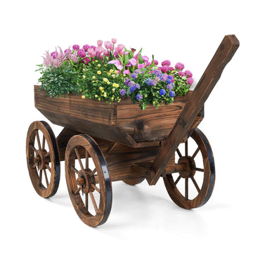Rustic Wooden Wagon Planter - Mobile Garden Cart with Adjustable Handle