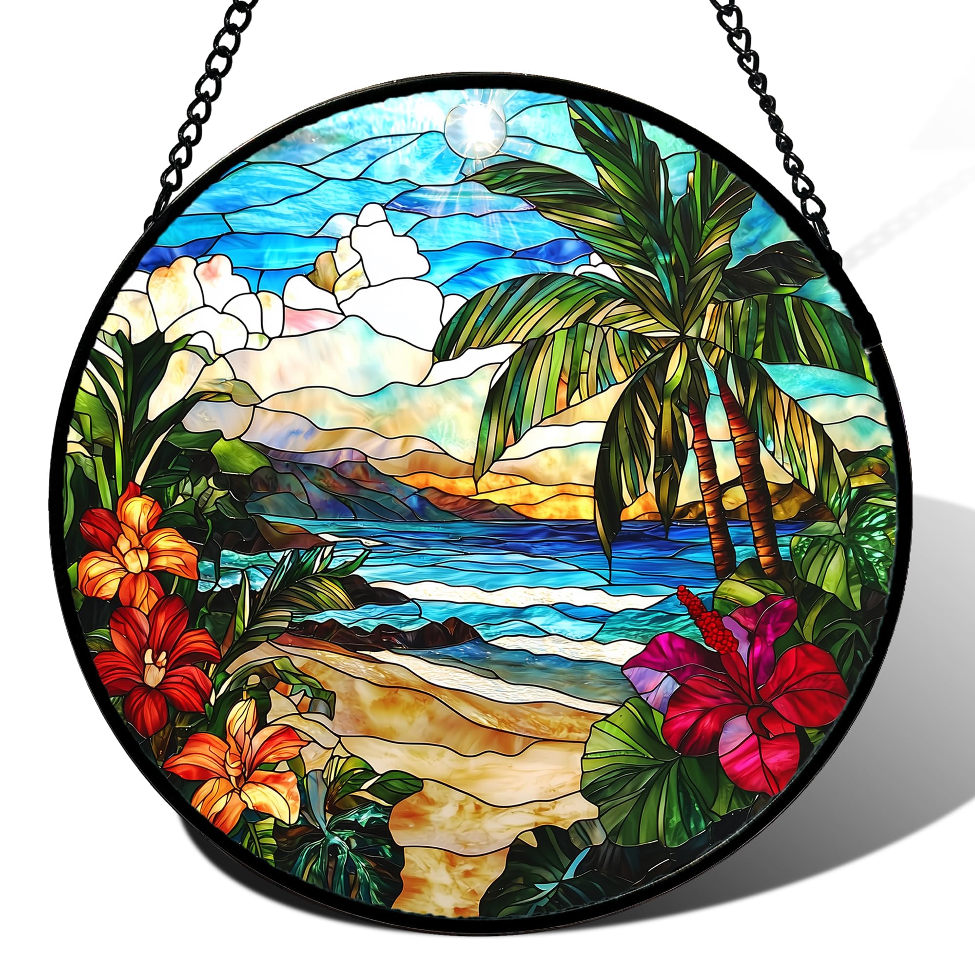 Blue Beach Stained Glass Suncatcher – Handmade 7.8" Coastal Window Hanging Decor