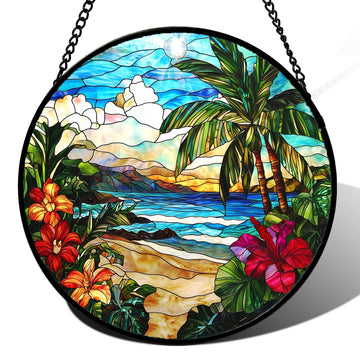 Blue Beach Stained Glass Suncatcher – Handmade 7.8" Coastal Window Hanging Decor