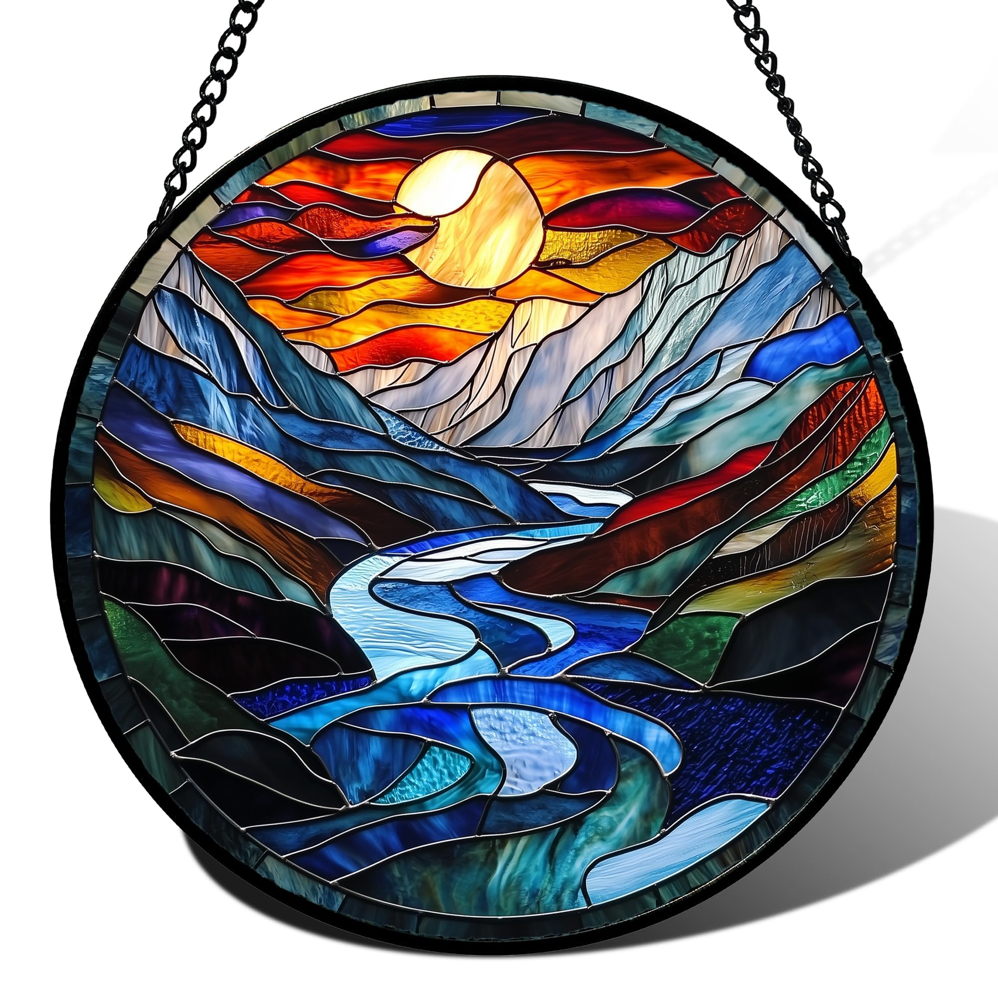 Sunset Mountain Stained Glass Suncatcher – Handmade Landscape Window Hanging in Yellow & Blue
