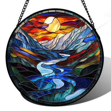 Sunset Mountain Stained Glass Suncatcher – Handmade Landscape Window Hanging in Yellow & Blue